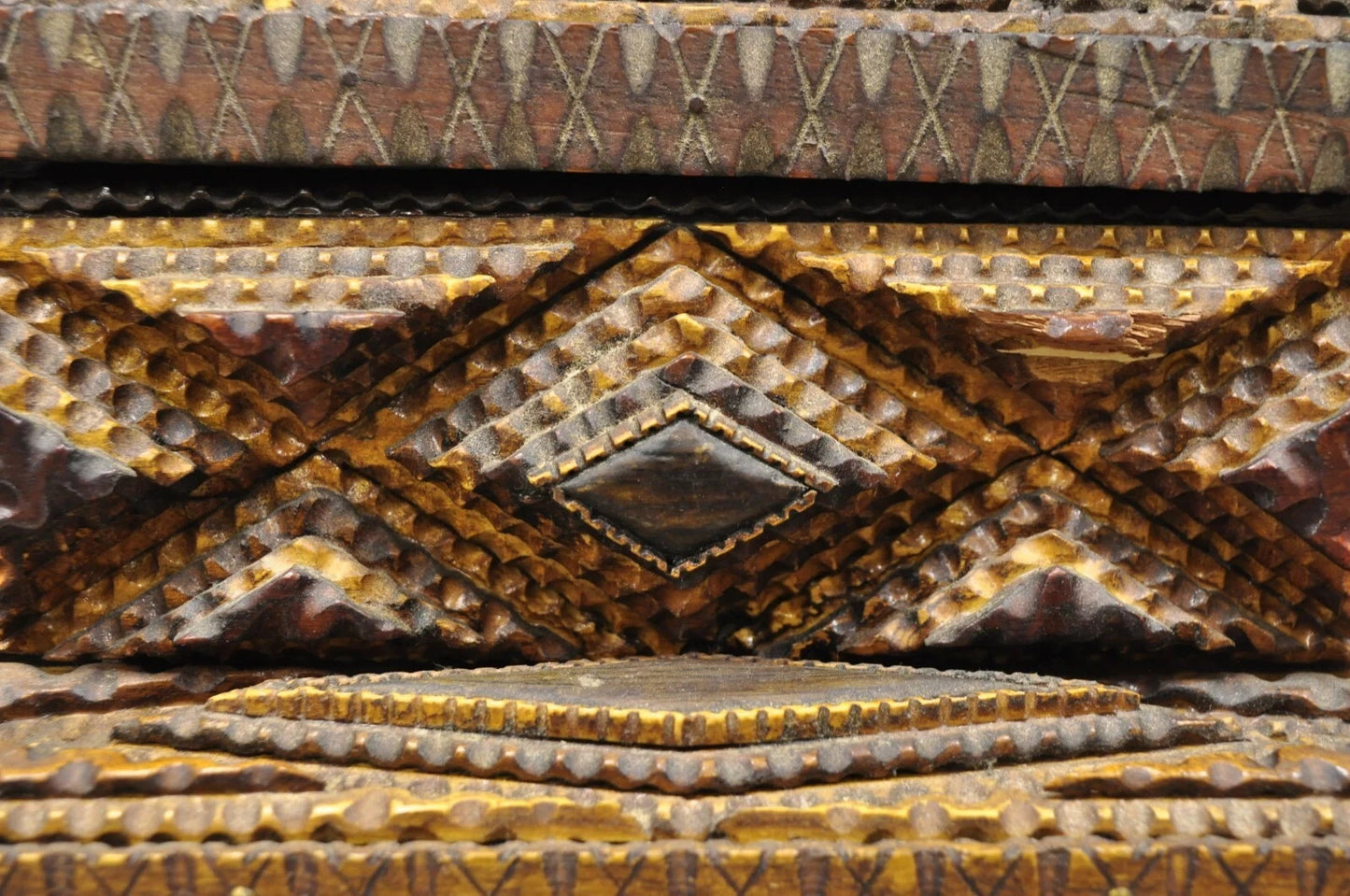 Antique Tramp Art Diamond 2 Tier Hinged Carved Wood Presentation Jewelry Box