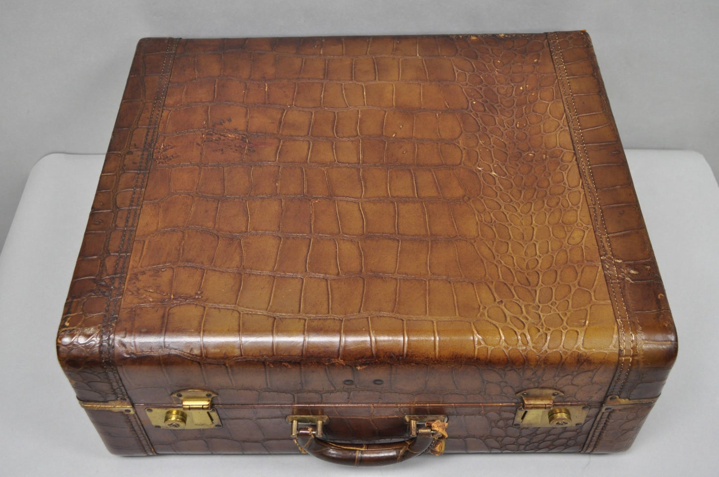 Vintage Art Deco Brown Leather Faux Crocodile Hard Case Suitcase Luggage
