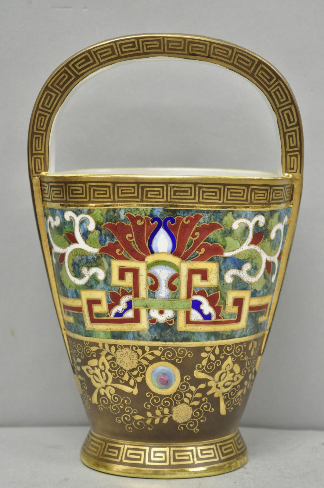 Antique Nippon Morimura Art Deco Hand Painted Porcelain Top Handle Bucket Vase