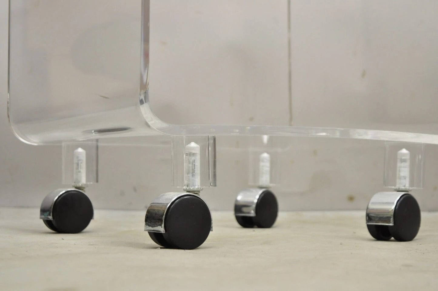 Vintage Clear Lucite Acrylic Mid Century Modern Rolling Side Tables - a Pair