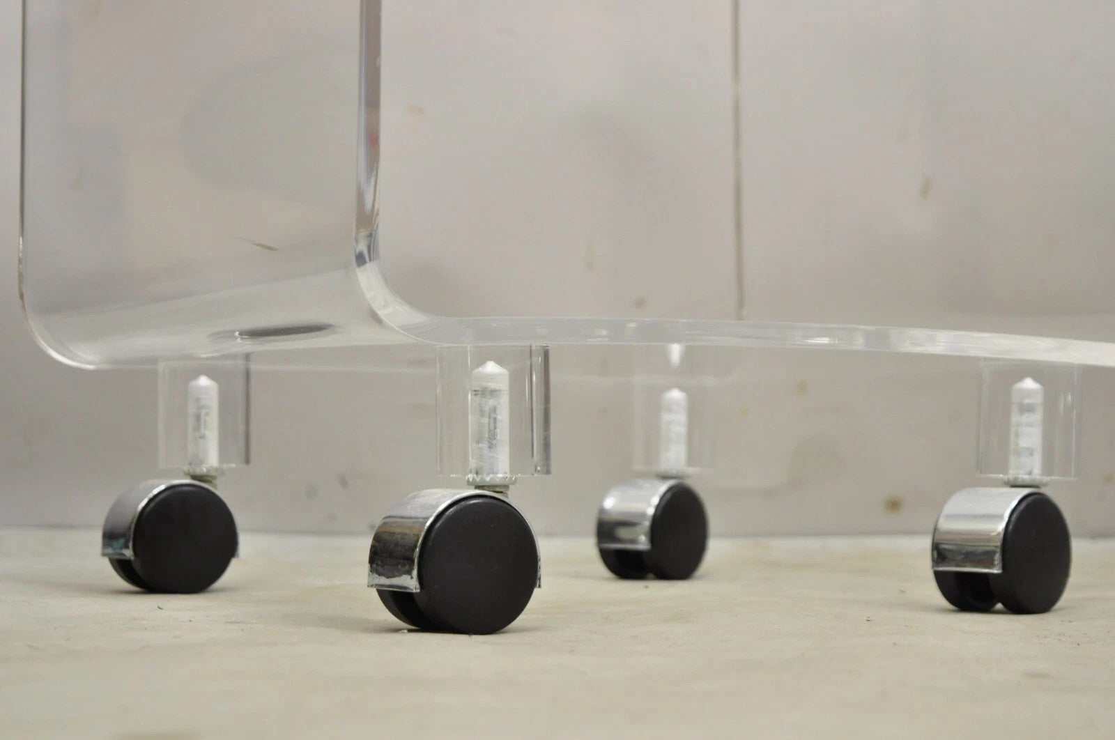 Vintage Clear Lucite Acrylic Mid Century Modern Rolling Side Tables - a Pair