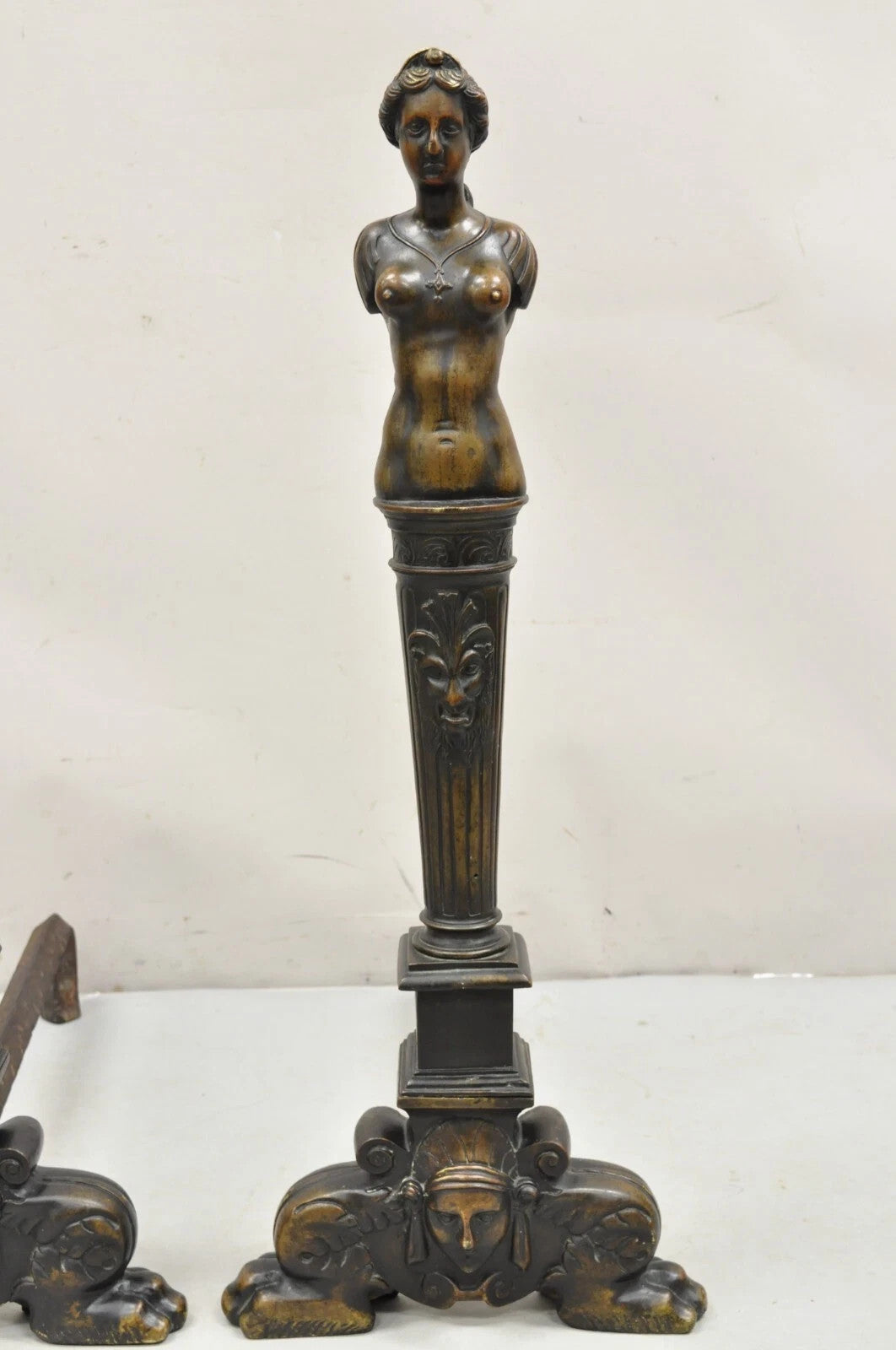 Antique French Renaissance Large Figural Bronze Man & Woman Bust Andirons - Pair