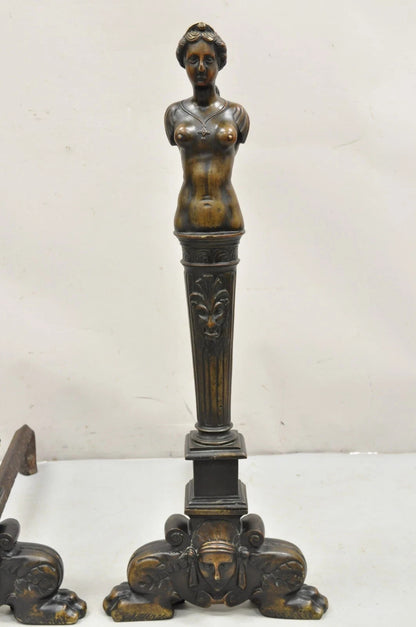 Antique French Renaissance Large Figural Bronze Man & Woman Bust Andirons - Pair