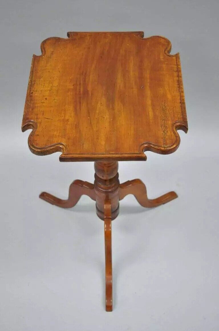 18th C. Federal Cherry Candle Stand Tea Table Tripod Pedestal Scallop Carved Top