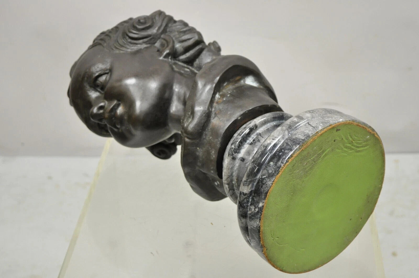 Maitland Smith Victorian Style 19" Bronze Boy Bust Head Sculpture on Marble Base