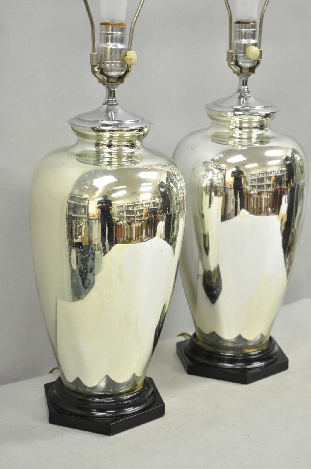Vintage Mid Century Modern Silver Mercury Glass Jardiniere Vase Table Lamps Pair