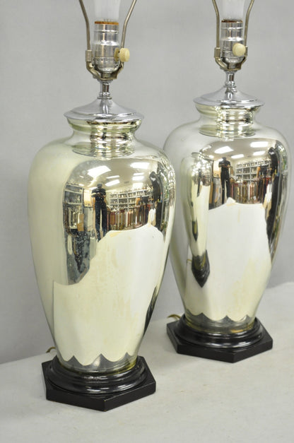 Vintage Mid Century Modern Silver Mercury Glass Jardiniere Vase Table Lamps Pair