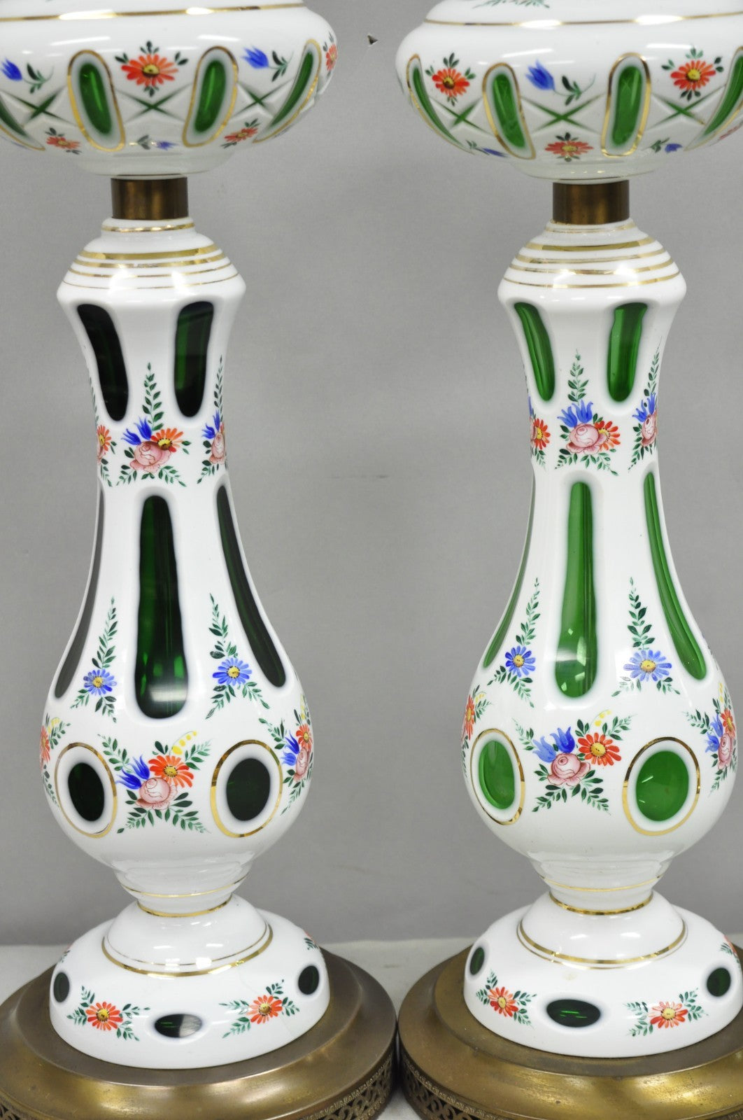 Antique Czech Bohemian Glass Emerald Green Flower Painted Table Lamps - a Pair