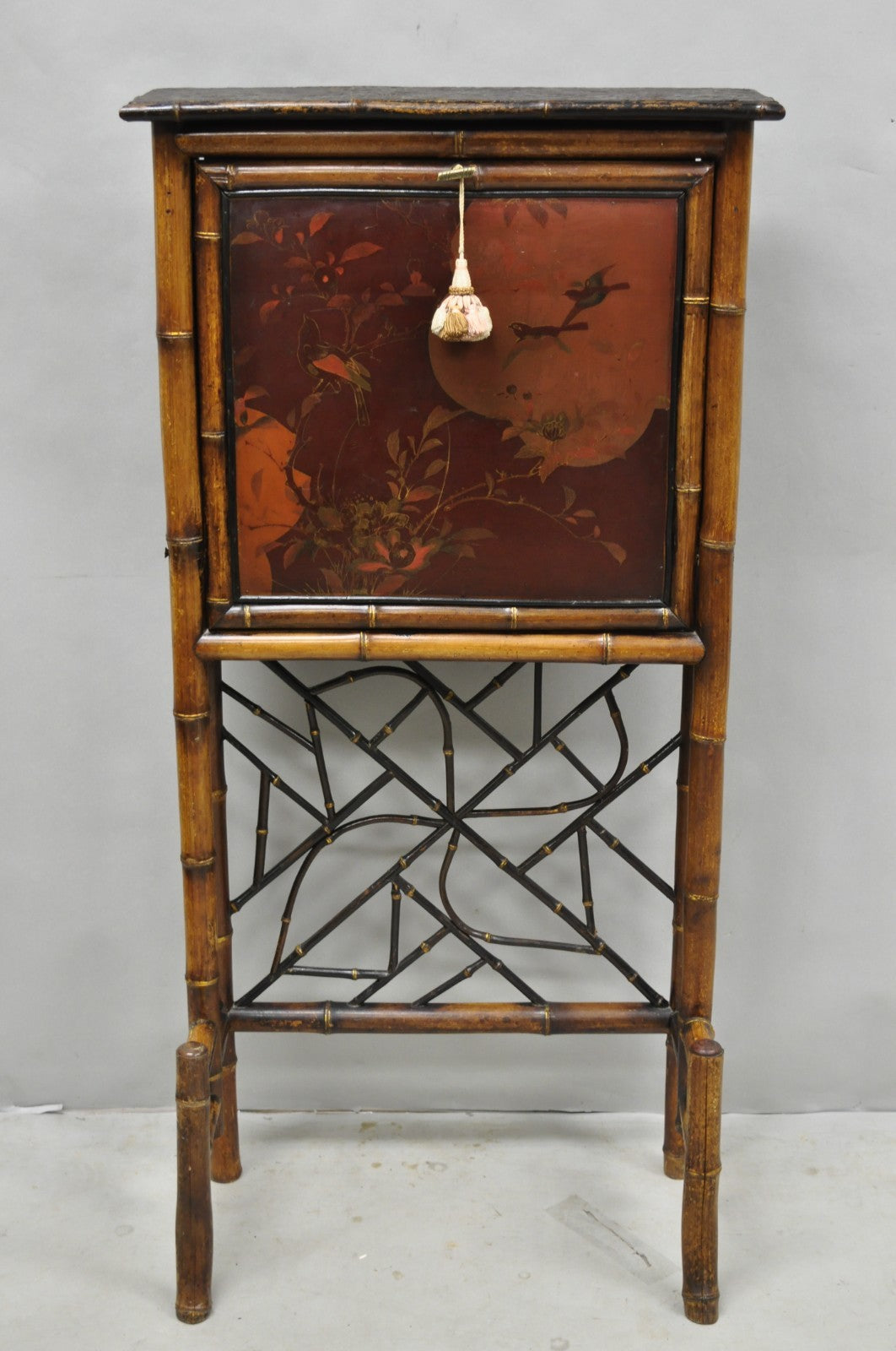 Antique English Victorian Bamboo Chinoiserie Compact Fall Front Secretary Desk
