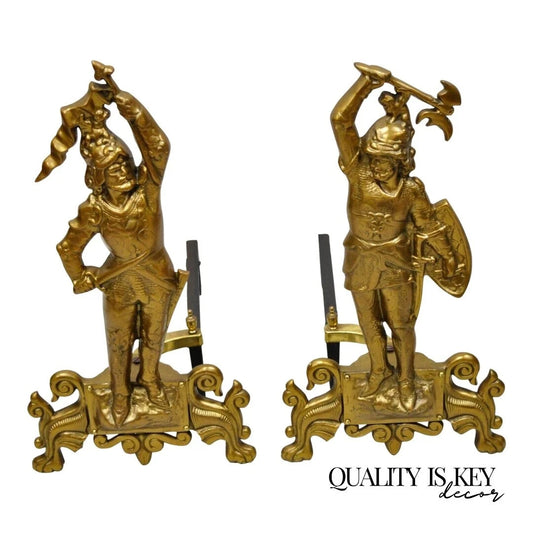 Vintage Renaissance Brass Figural Soldier Warrior Fireplace Andirons - a Pair