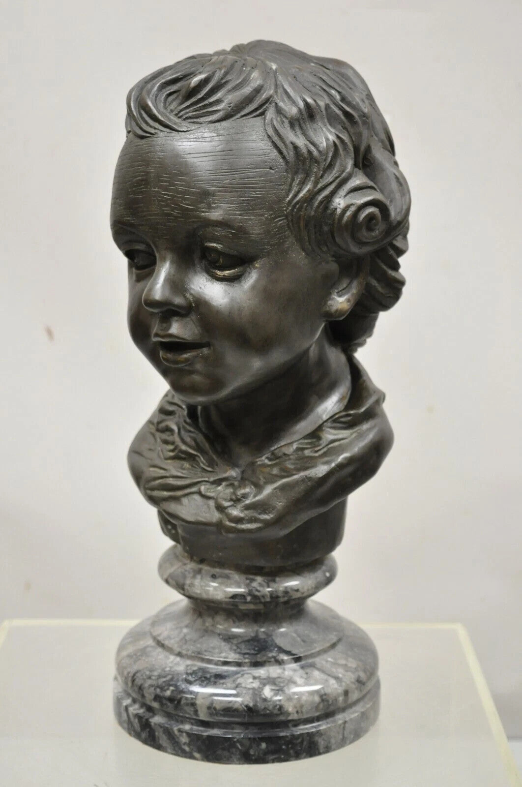 Maitland Smith Victorian Style 19" Bronze Boy Bust Head Sculpture on Marble Base