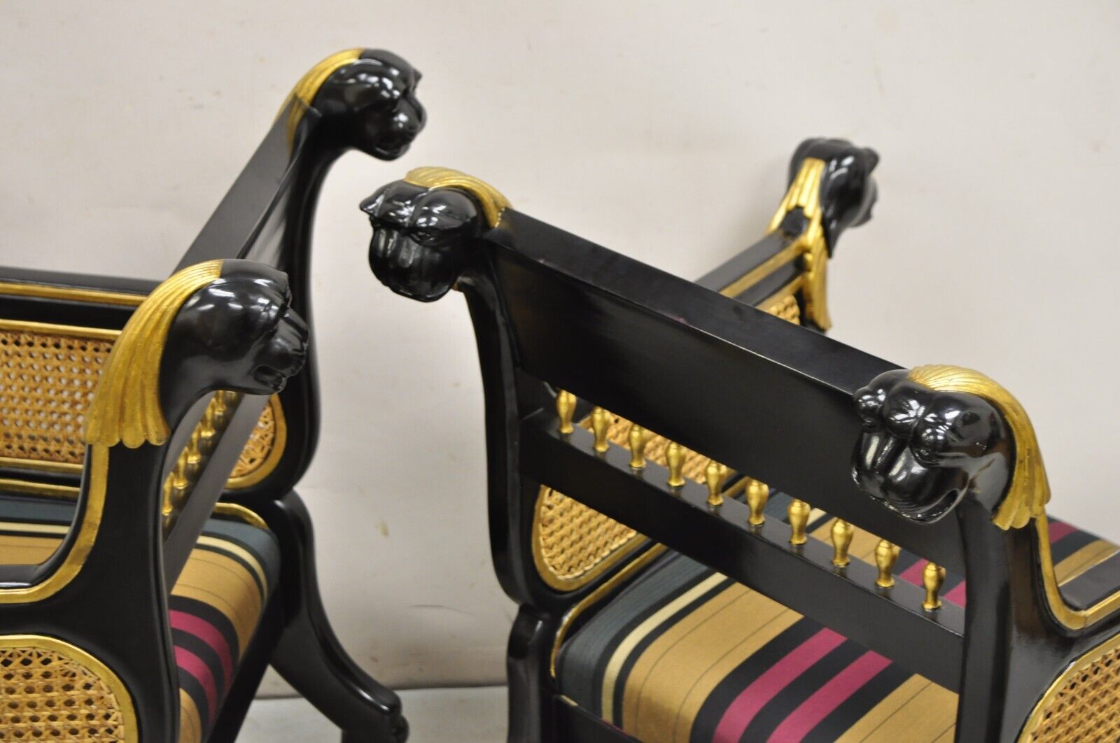 Egyptian Revival Regency Black Ebonized Gold Gilt Lion Head Throne Chairs - Pair