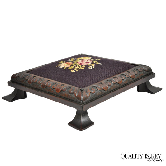 Antique Victorian Carved Solid Mahogany Floral Needlepoint Low Footstool Ottoman
