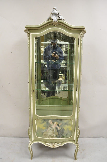 Antique French Louis XV Style Green Distress Painted Curved Glass Curio Cabinet