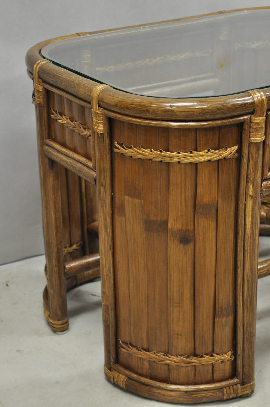 Vintage Hollywood Regency Bentwood Rattan Glass Top Beach House Side Table