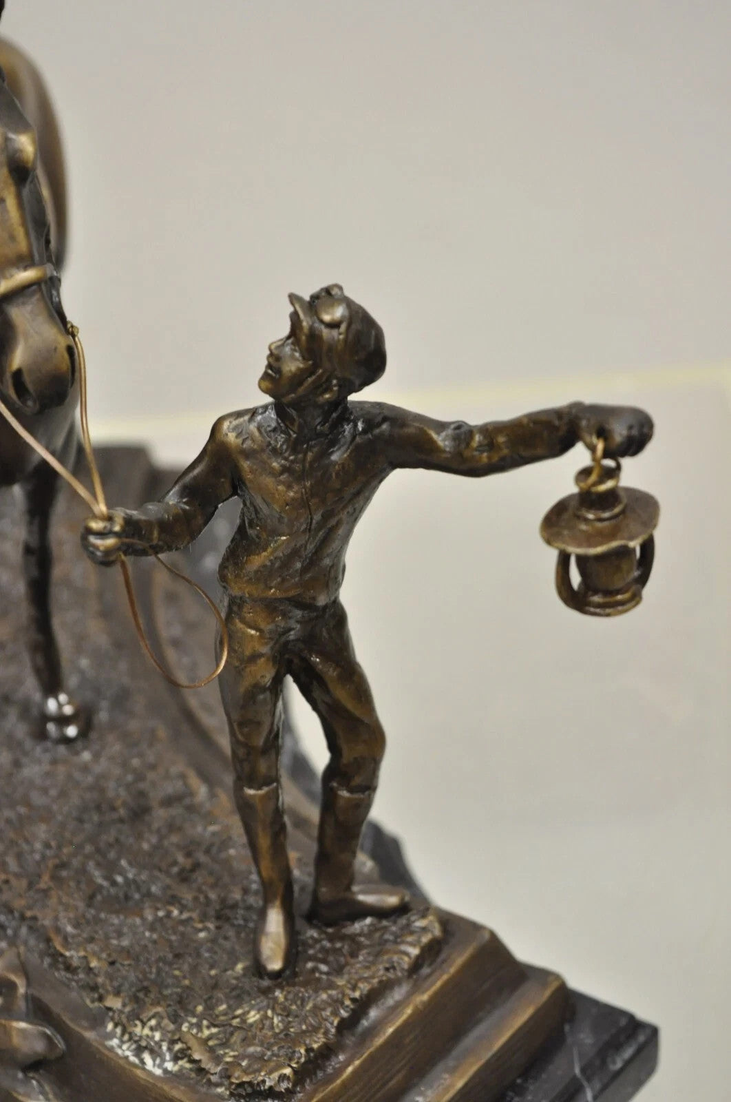 Delaware Park Bronze Equestrian Rider Jockey Leading Race Horse Lantern Statue