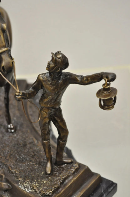 Delaware Park Bronze Equestrian Rider Jockey Leading Race Horse Lantern Statue