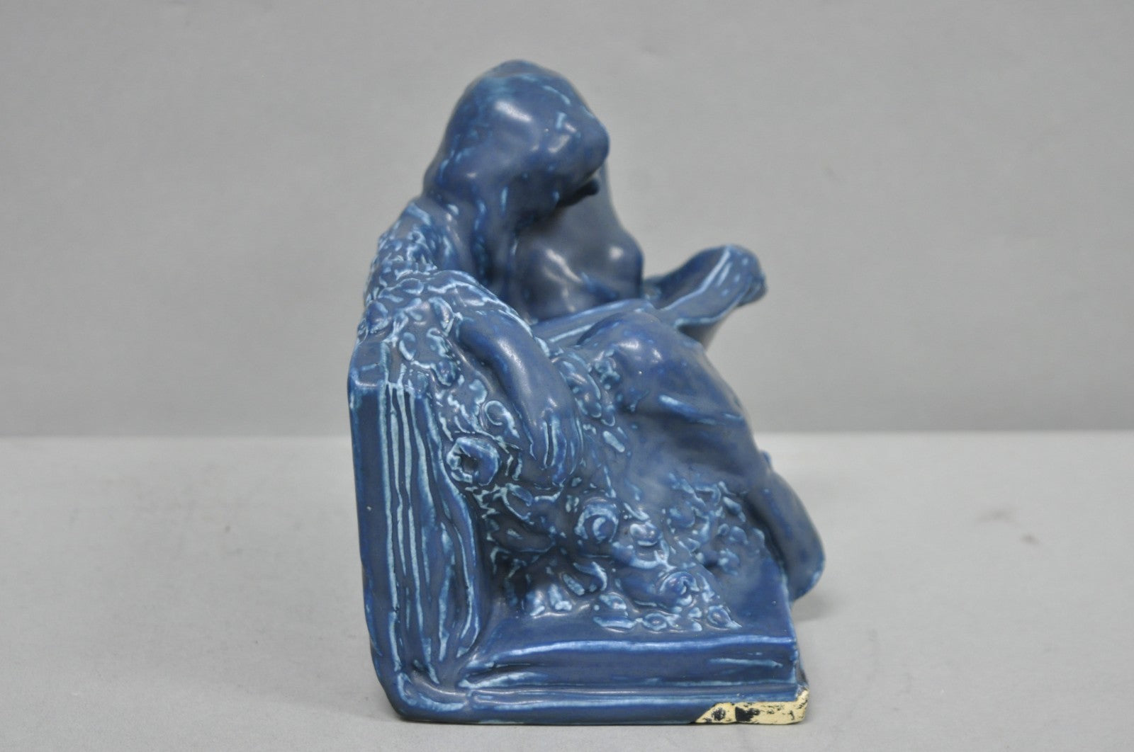 Antique Rookwood Blue Glazed Ceramic Nude Female Figure Reading Book Bookend