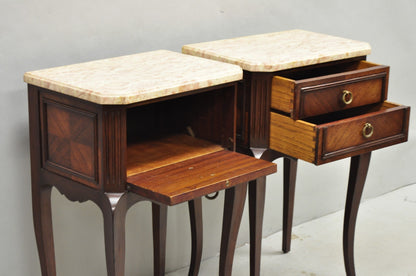 Vintage French Louis XV Style Pink Marble Top Mahogany Nighstand Table - a Pair