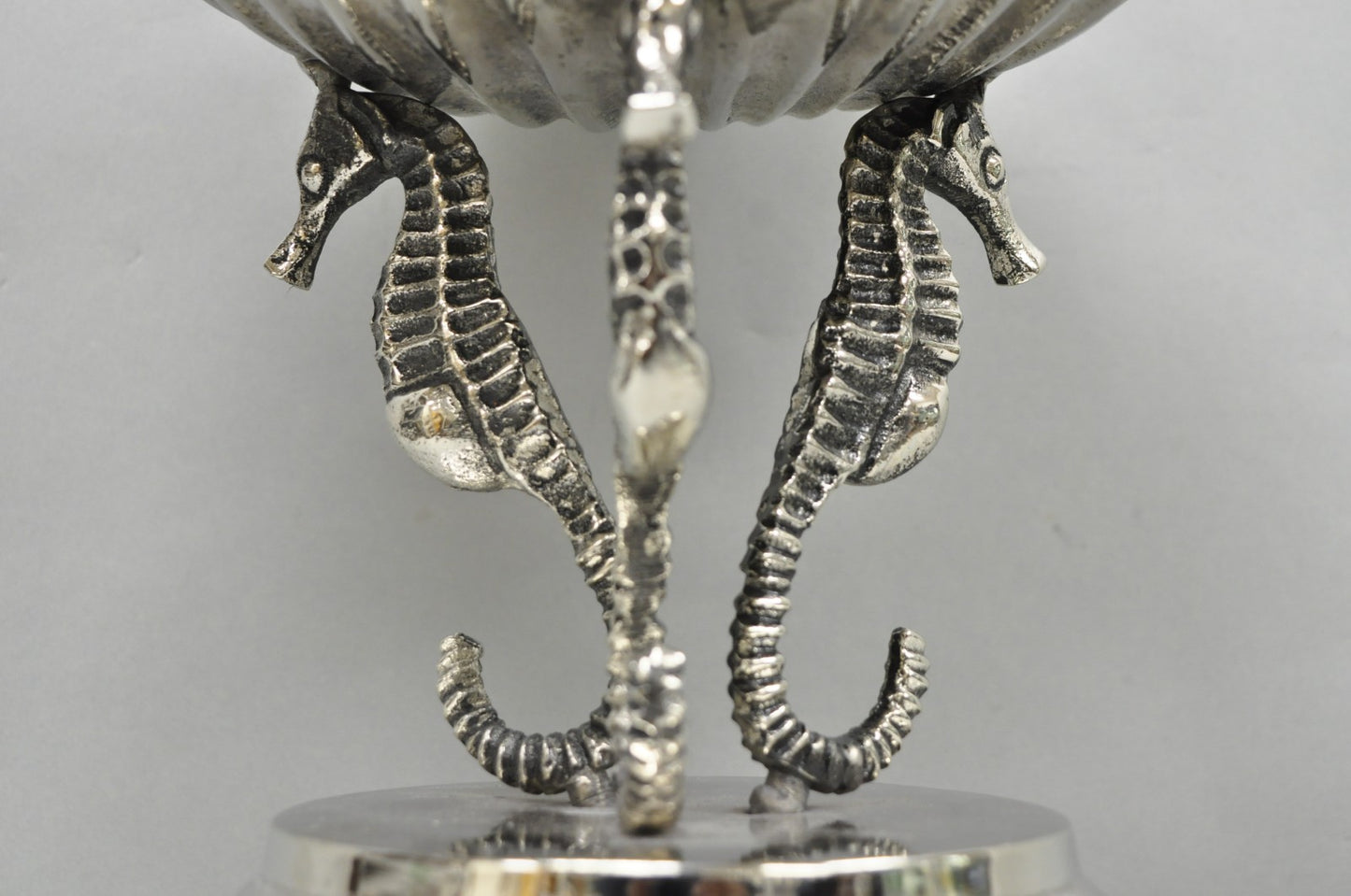 Decorative Nautical Silver Plated Seahorse Clamshell Pedestal Compote Candy Dish