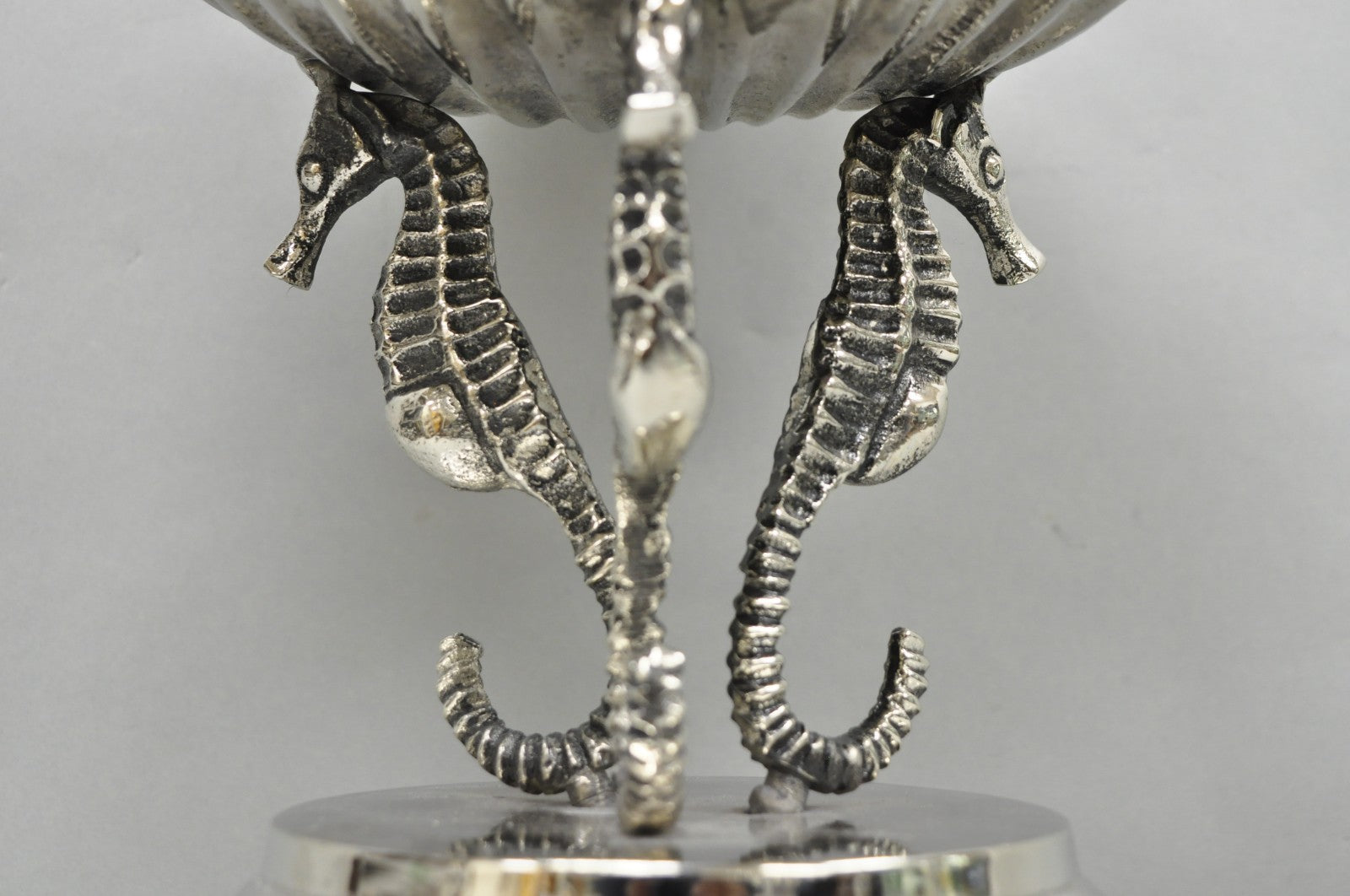 Decorative Nautical Silver Plated Seahorse Clamshell Pedestal Compote Candy Dish