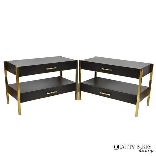 Contemporary Modern Black & Brass Faux Bamboo Nightstand Bedside Table - a Pair