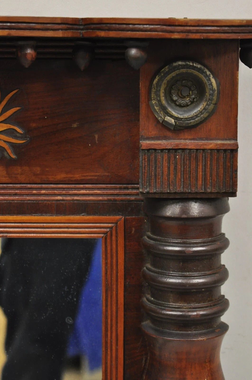 Antique American Empire Walnut Leaf Carved Wall Console Pier Mirror