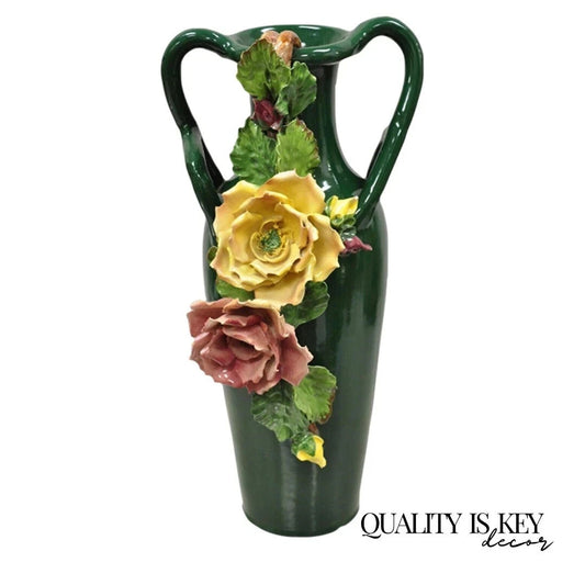 Vintage Victorian Green Porcelain Ceramic 18" Vase w/ Pink & Yellow Flowers