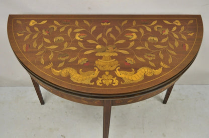 Antique Dutch Marquetry Inlay Flip Top Demilune Round Console Game Table
