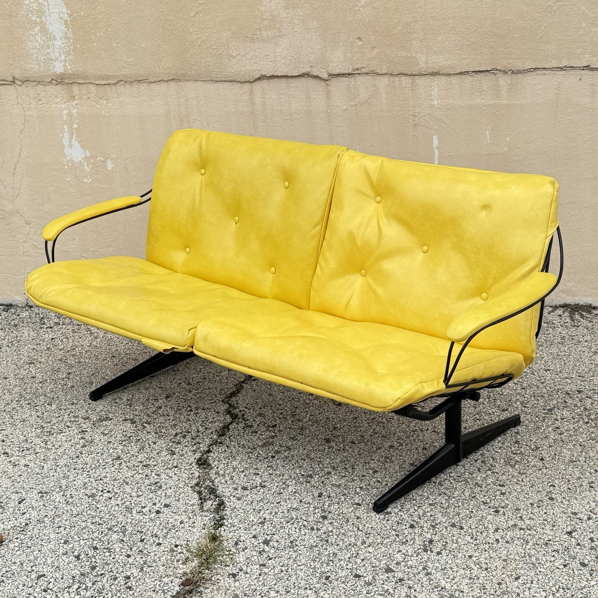 Vintage Homecrest Mid Century Modern Wire Metal Sofa w/ Yellow Vinyl Cushions