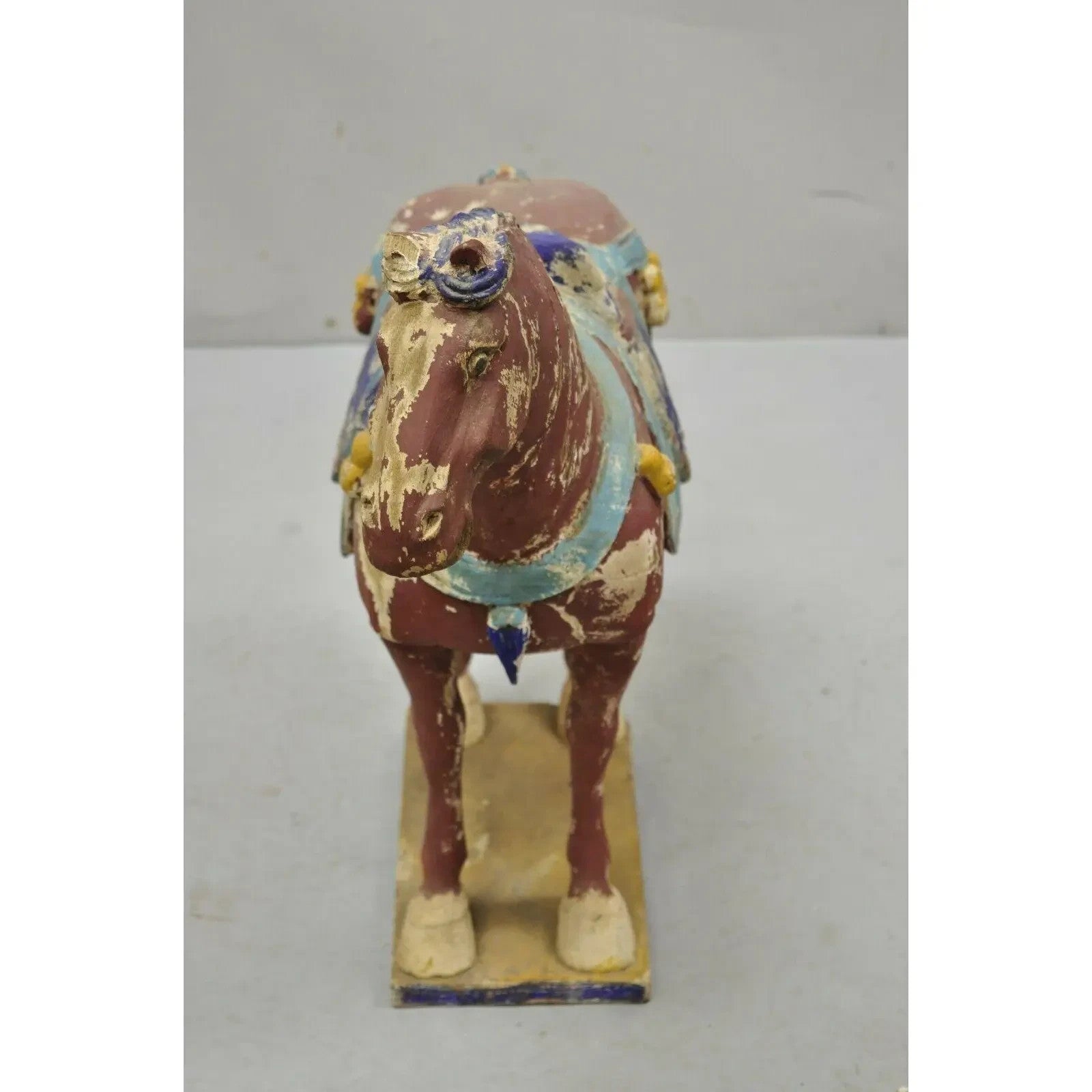 Chinese Polychrome Wooden Carved Wood 28" Tang Horse Sculpture Statue Red Blue