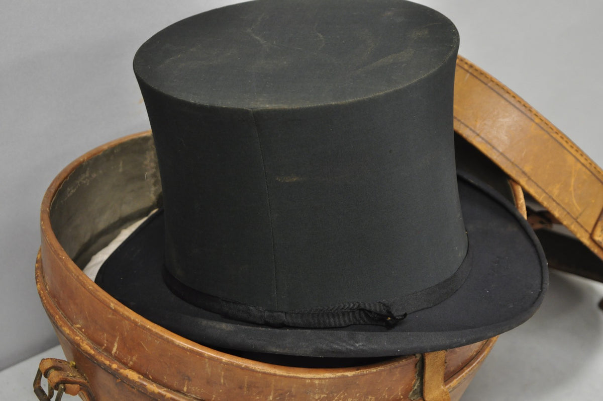 Antique Victorian Brown Leather Travel Case Hat Box w/ Miller of NY Silk Top Hat