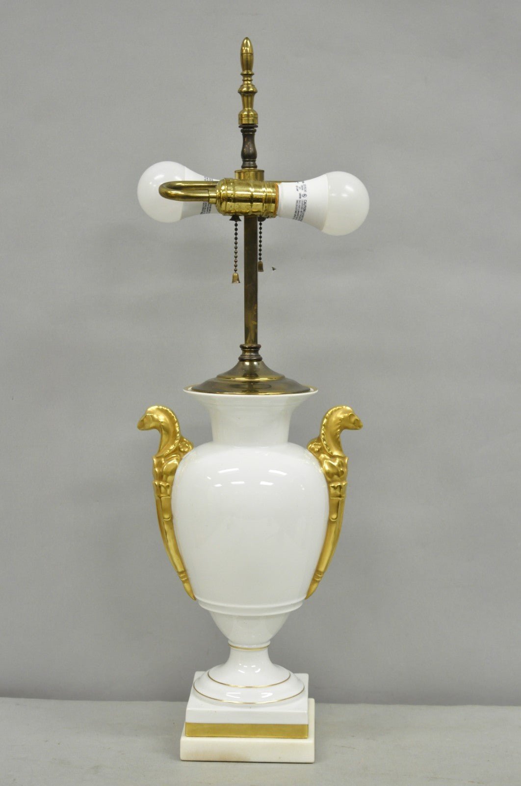 Vintage Italian Regency White Gold French Porcelain Urn Marble Base Table Lamp
