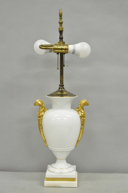 Vintage Italian Regency White Gold French Porcelain Urn Marble Base Table Lamp