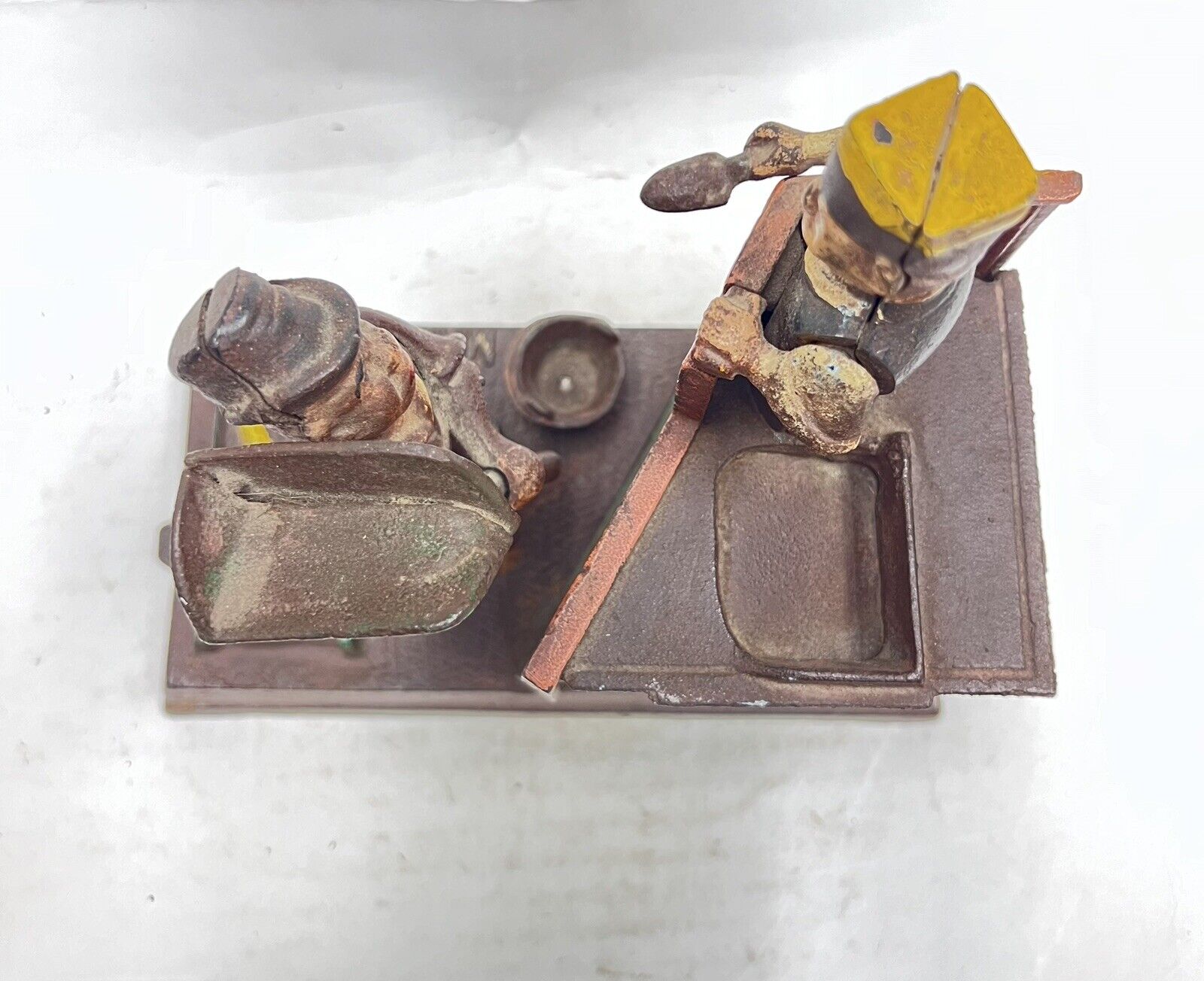 Vintage Cast Iron Mason and Hod Carrier Bank Coin Piggy Bank Taiwan Reproduction