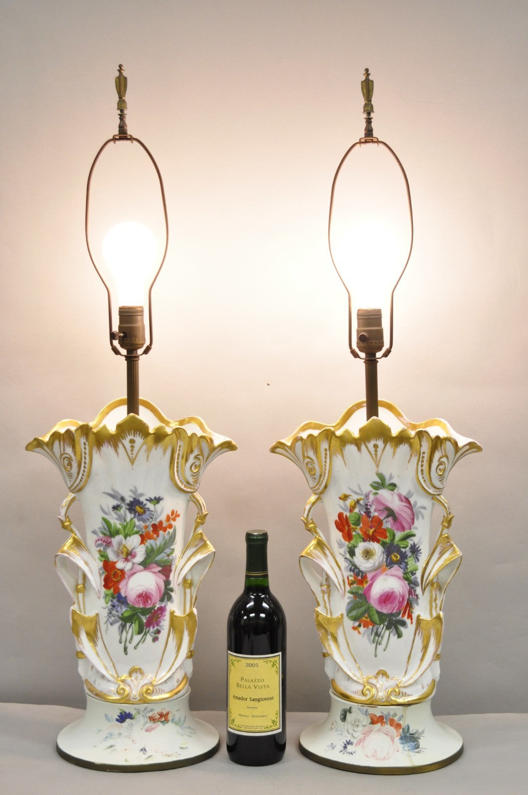 Antique Art Nouveau Austrian Porcelain Painted French Floral Table Lamps, a Pair