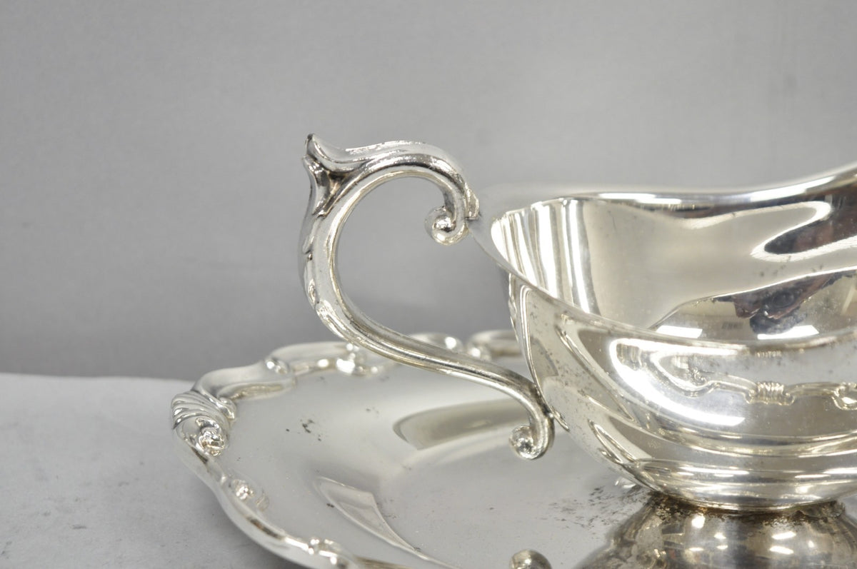 Vintage Victorian Style Silver Plated Gravy Sauce Boat w/ Attached Dish