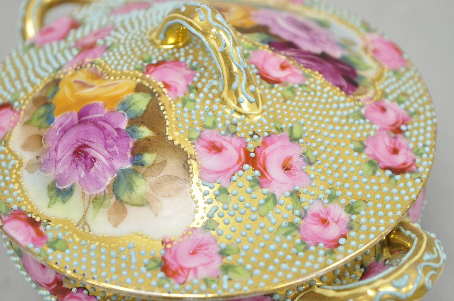 Antique Nippon Hand Painted Gold Gilt Porcelain Green Moriage Covered Sugar Bowl