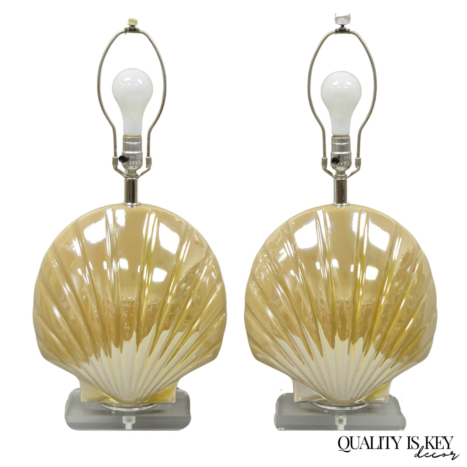 Mid Century Modern Iridescent Gold Ceramic Pottery Clam Shell Table Lamp - Pair