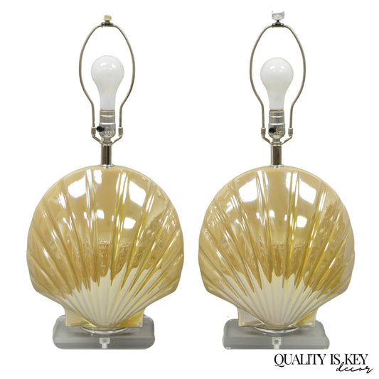 Mid Century Modern Iridescent Gold Ceramic Pottery Clam Shell Table Lamp - Pair