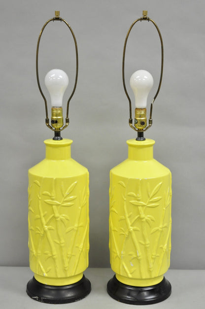 Vintage Hollywood Regency Yellow Ceramic Faux Bamboo Table Lamps - a Pair