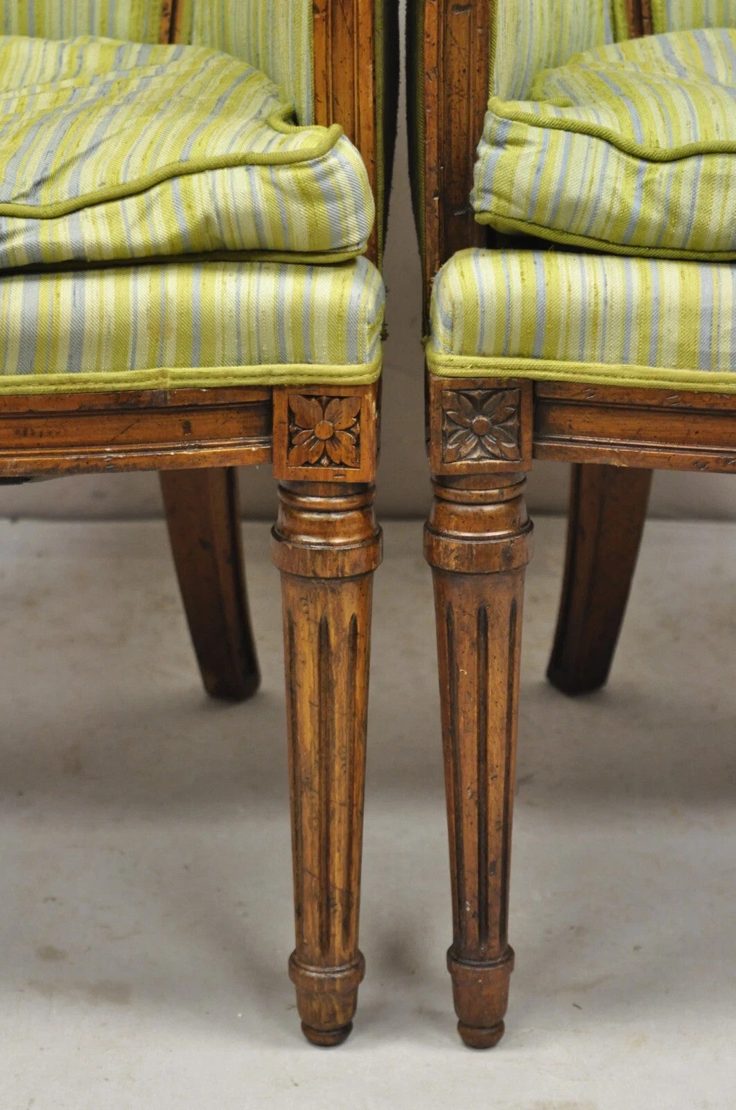 Antique Italian Regency Distress Carved Walnut Barrel Back Club Arm Chair, Pair