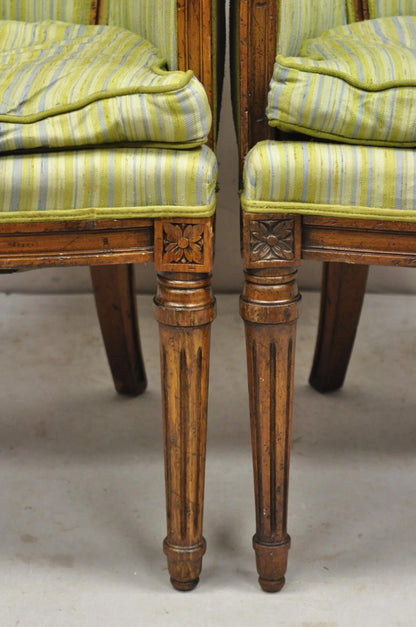 Antique Italian Regency Distress Carved Walnut Barrel Back Club Arm Chair, Pair