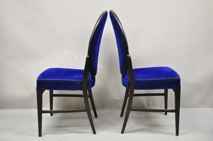 French Art Deco Oval Upholstered Back Mahogany Frame Blue Dining Chairs - a Pair