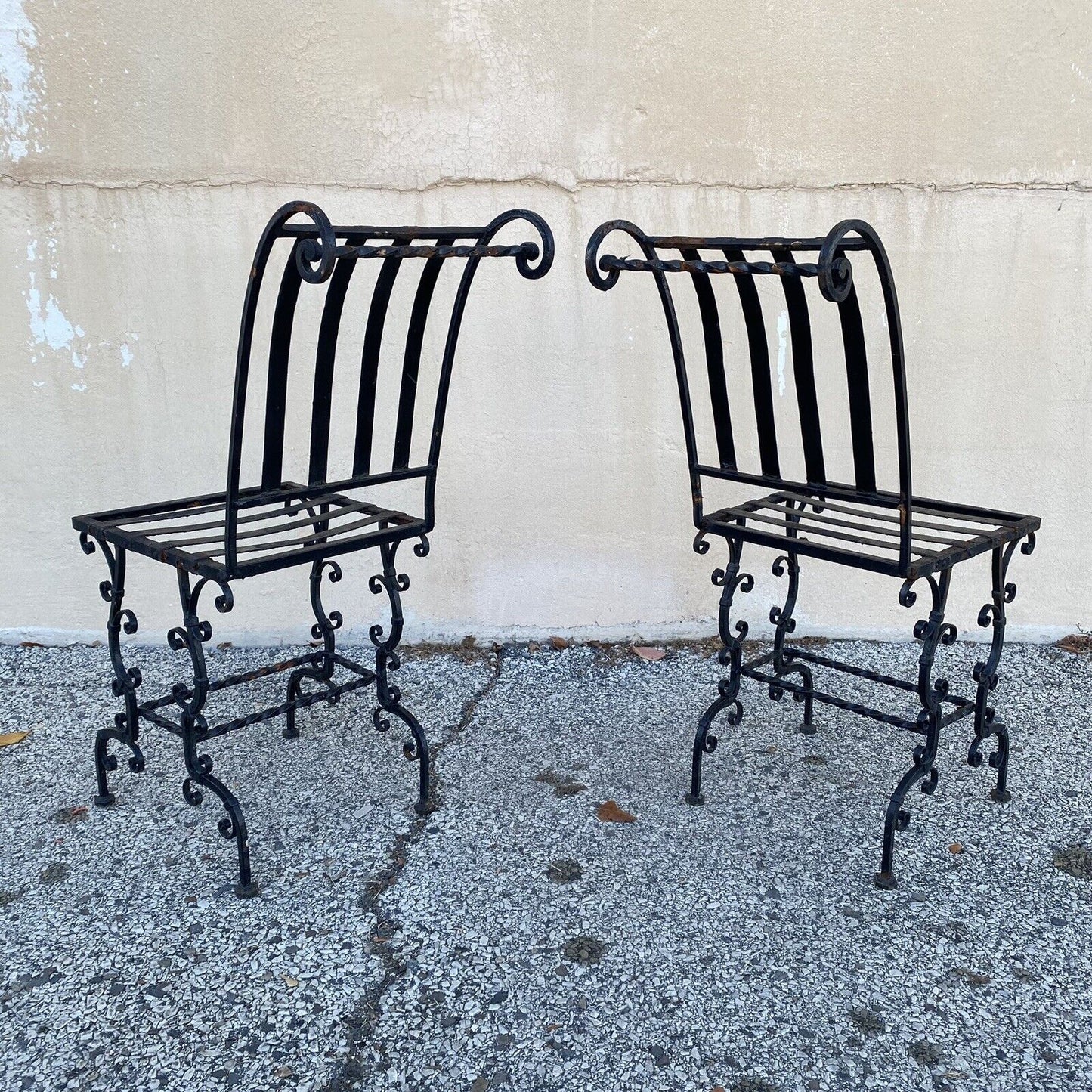 Antique French Art Nouveau Scrolling Iron Garden Patio Side Chairs - Set of 4