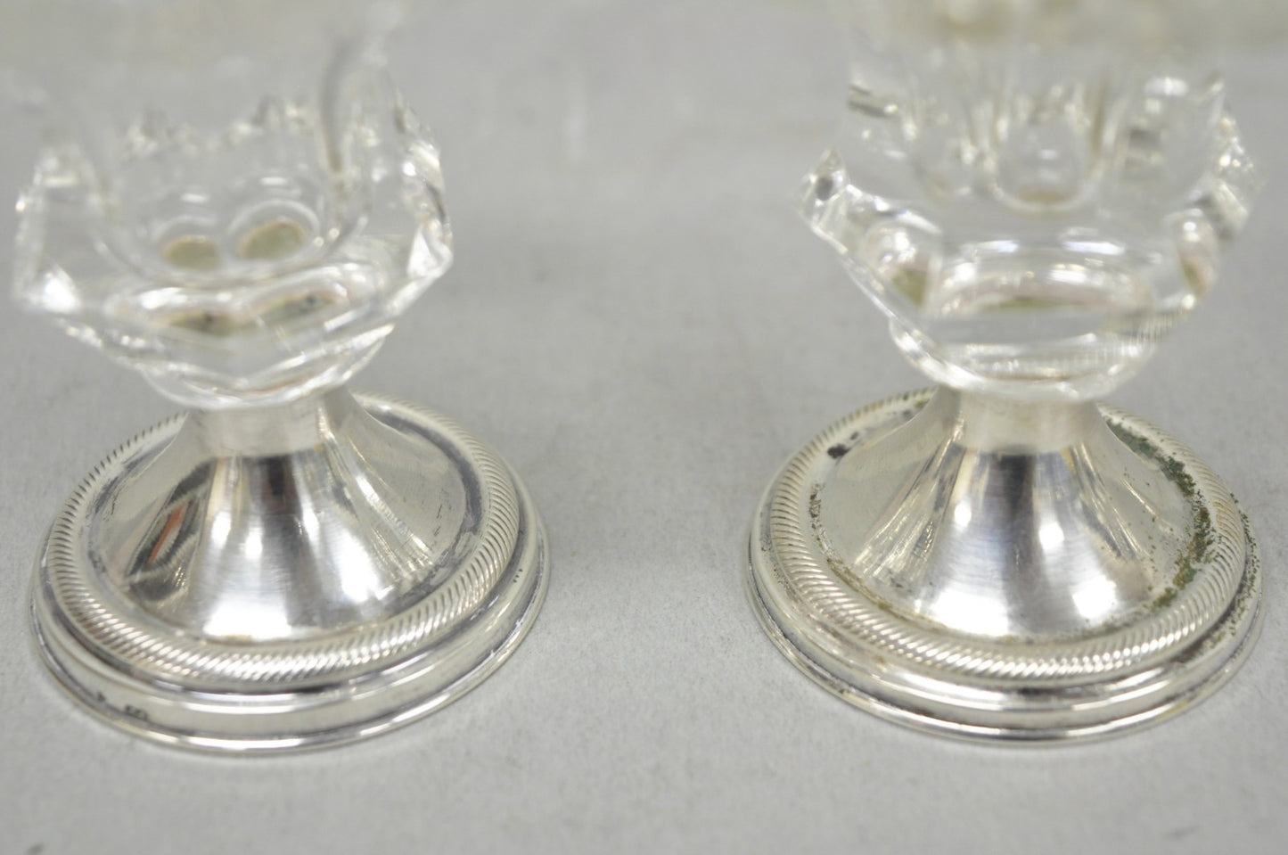 Antique English Victorian Crystal Glass & Silver Sweetmeat Candy Nut Dish, Set 6
