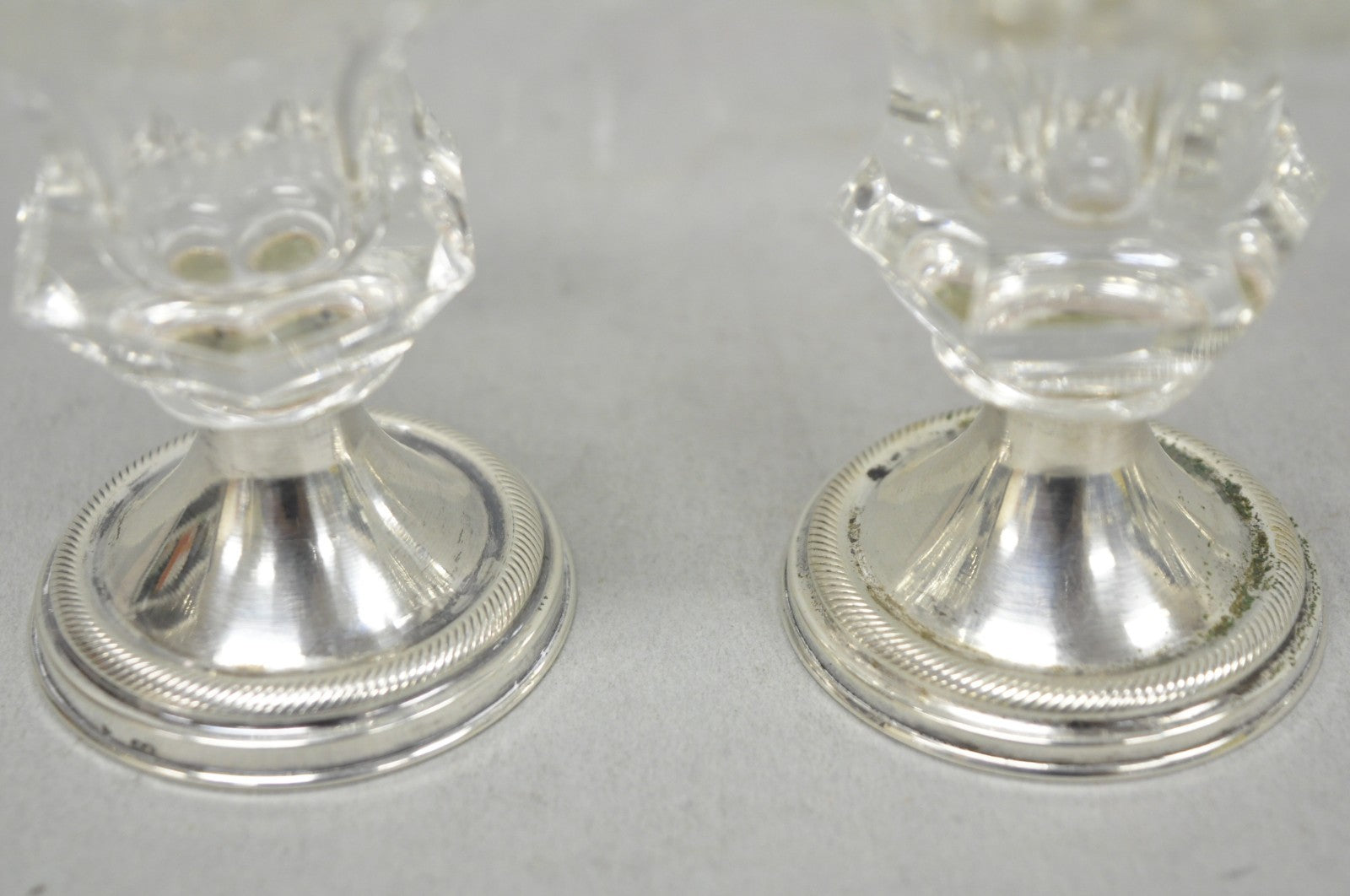 Antique English Victorian Crystal Glass & Silver Sweetmeat Candy Nut Dish, Set 6