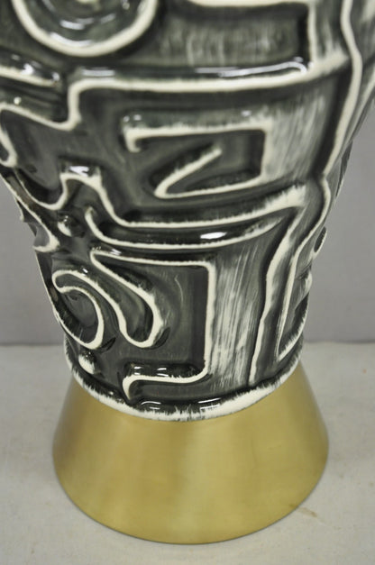 Vintage Mid Century Modern Grey Glazed Ceramic Geometric Aztec Brass Table Lamp