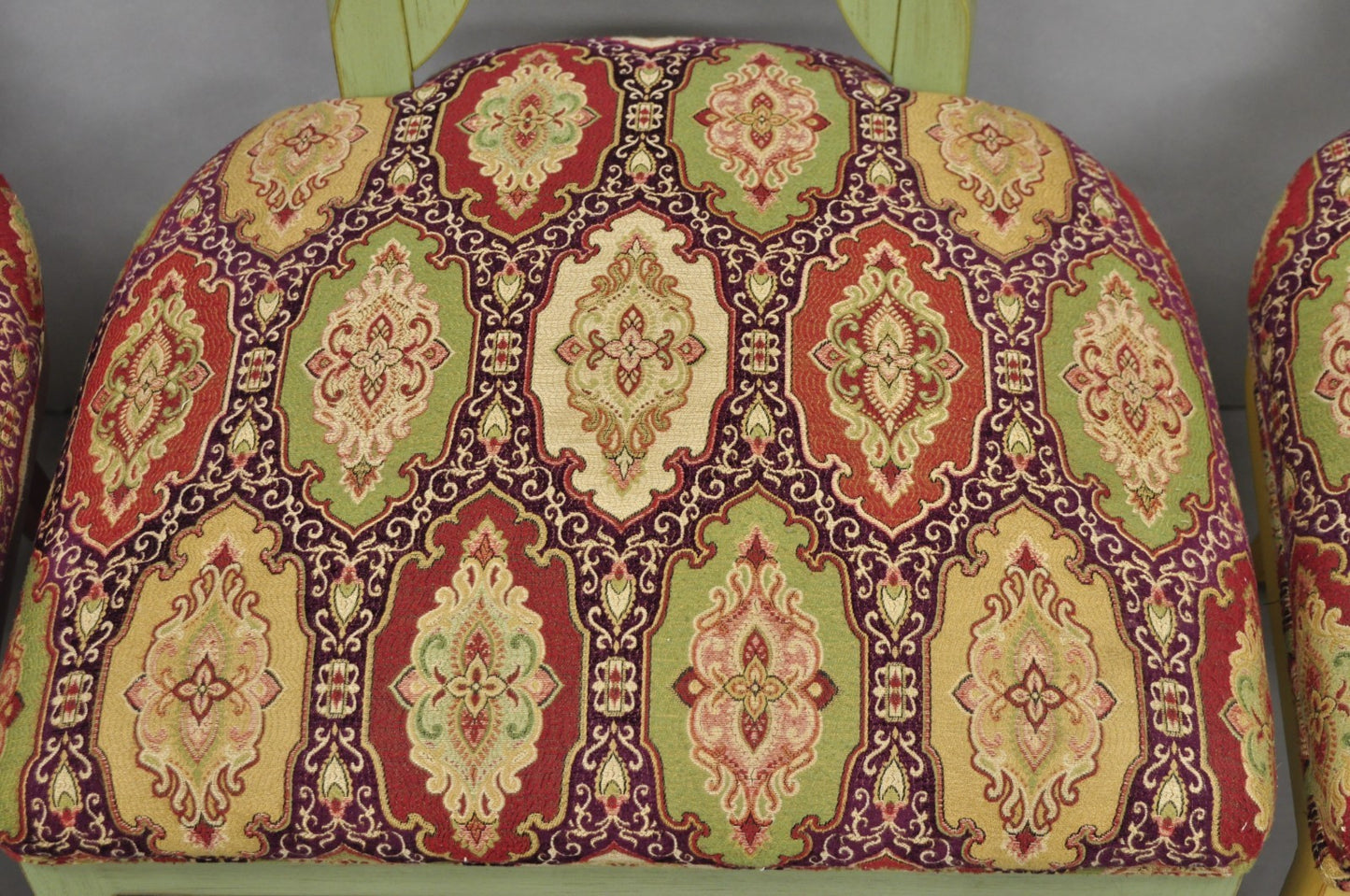 Contemporary Regency Style Red Green Yellow Scroll Back Dining Chairs - Set of 8