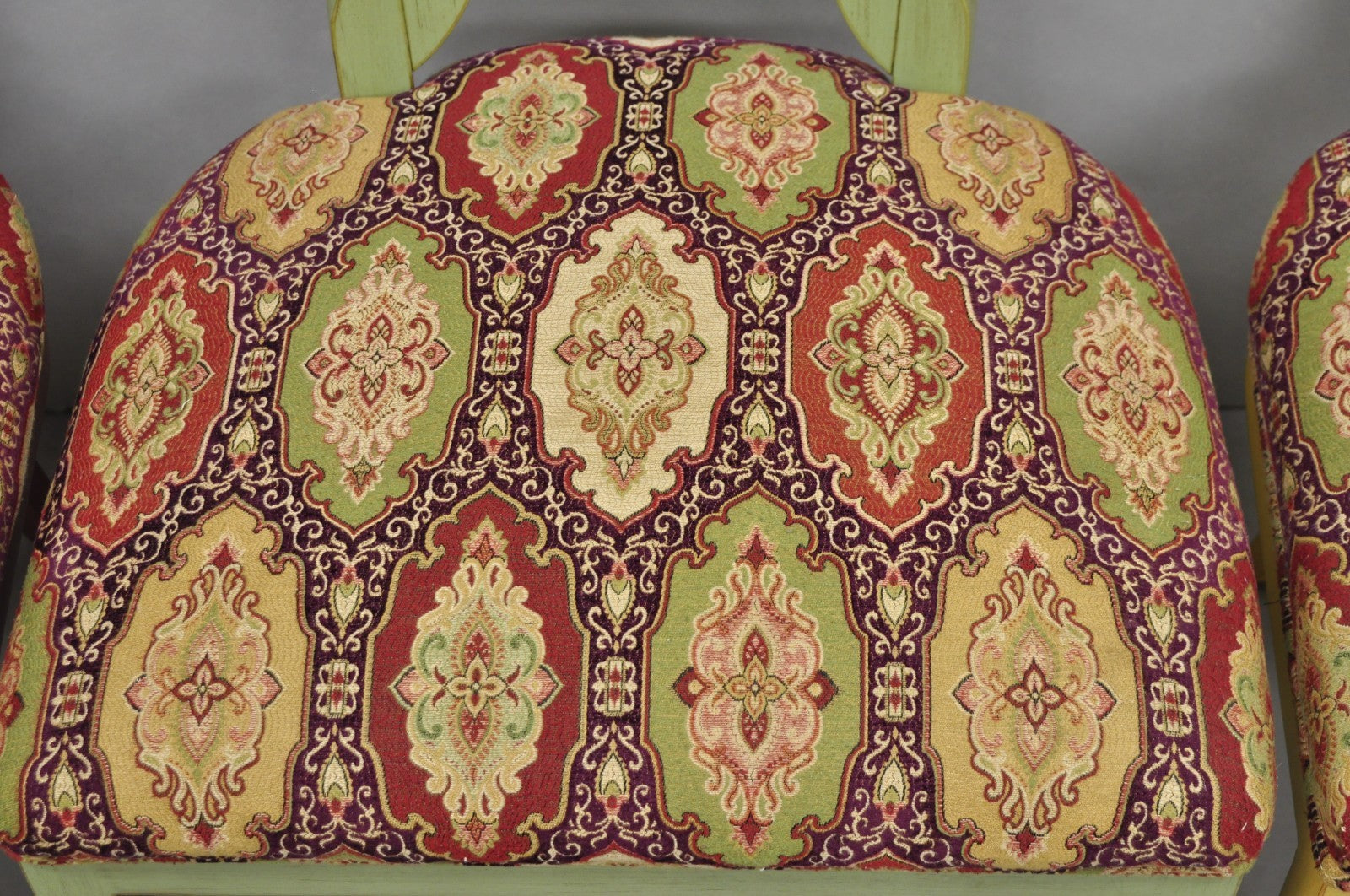 Contemporary Regency Style Red Green Yellow Scroll Back Dining Chairs - Set of 8